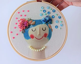 Ceramic Embroidery - Maritime Flora Vase - Wall art, Floral Embroidery, Girl Embroidery, Blue Hair, Flowers, Beach girl, fish