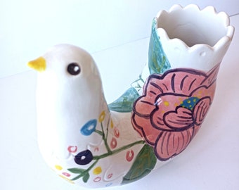 Paloma Keramik Vase - Dove Vase - Rosa und Grün Blumen - Keramik, Unikat Vase