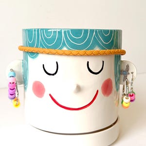 Really Big Ears Face Planter - Turquoise Hair - Handmade Ceramics, Ceramic Face Vase, Indoor planter with Earrings, One of a kind