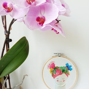 Ceramic Embroidery Flora Vase Wall art, Floral Embroidery, Girl Embroidery, Red Hair, Pink, Blue and Yellow Flowers, Peace and Calmness image 4