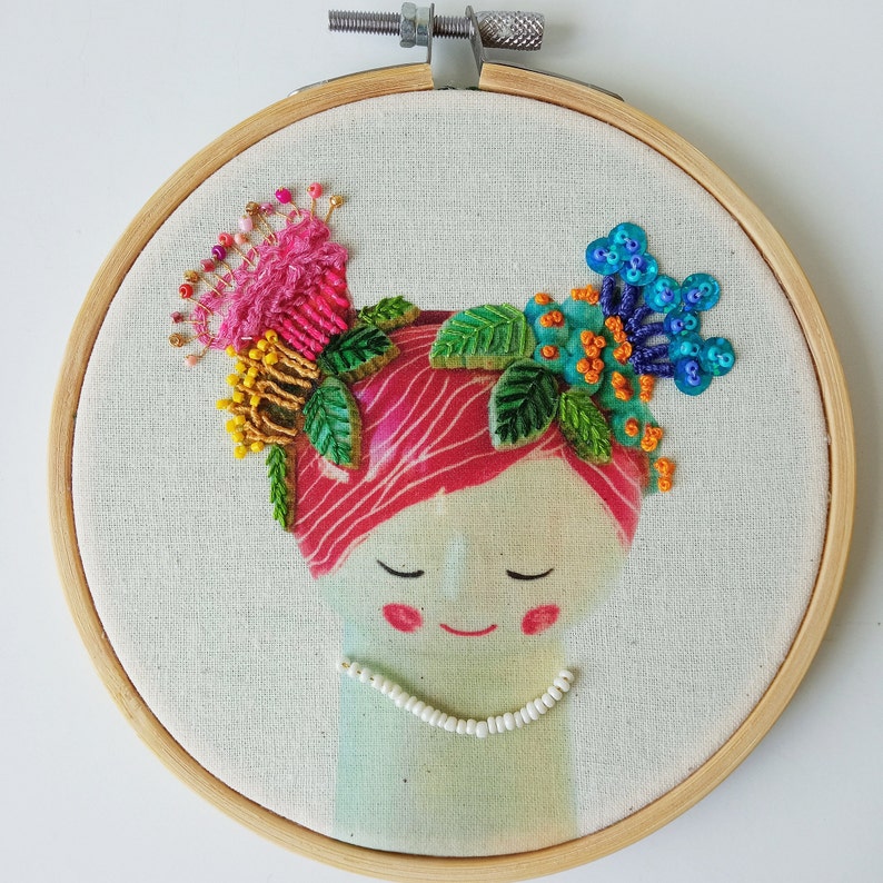 Ceramic Embroidery Flora Vase Wall art, Floral Embroidery, Girl Embroidery, Red Hair, Pink, Blue and Yellow Flowers, Peace and Calmness image 1