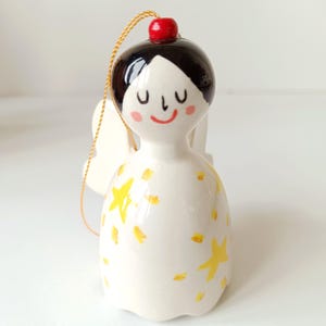 Angel Bell - Black Hair and yellow stars -  One of a Kind Ceramic Bell, Handmade Ceramics, Angel, Guardian Angel, Home Decor, Ornament