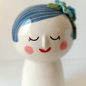 Face Vase - Amazing Blue Hair Flora Vase - Handmade one of a kind Ceramic Vase - Sweet Face Vase
