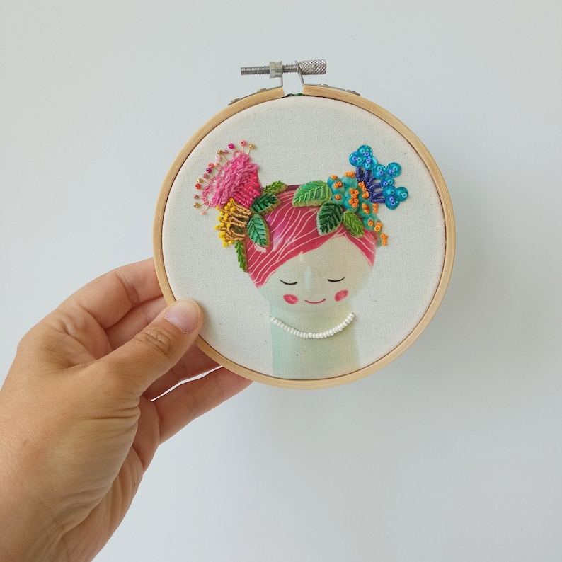 Ceramic Embroidery Flora Vase Wall art, Floral Embroidery, Girl Embroidery, Red Hair, Pink, Blue and Yellow Flowers, Peace and Calmness image 2