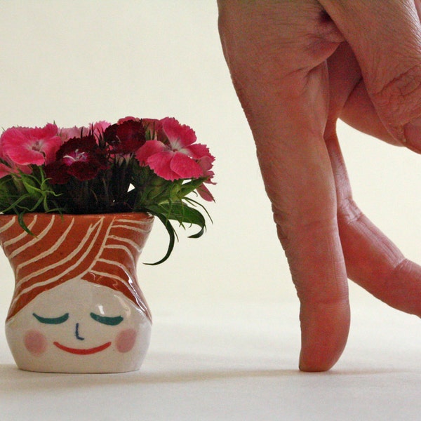 Sweet smiling  mini- vase - light brown hair sexy lady - wheel torn, handmade ceramics, one of a kind vase