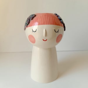Face Vase - Pink Hair Flora Vase - Handmade one of a kind Ceramic Vase - Sweet Face Vase - Purple flowers