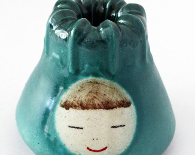 Blue Teal Vase With Smiling Face Wheel Thrown Handmade Etsy