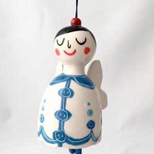 Angel Bell - Black Hair and blue dress -  One of a Kind Ceramic Bell, Handmade Ceramics, Angel, Guardian Angel, Home Decor, Ornament