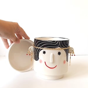 Really Big Ears Face Planter - Black Hair - Handmade Ceramics, Ceramic Face Vase, Indoor planter with Earrings, One of a kind