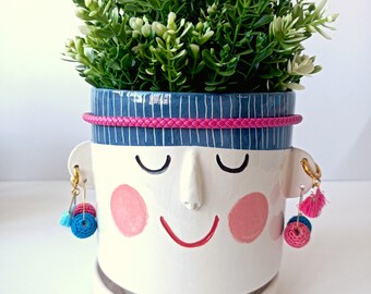 Ceramic Face Plant Pot - Really Big Ears Ceramic vase - Blue Hair - Face Vase, Jewelry Ceramic, One of a kind, Smile vase, Fun Deco piece