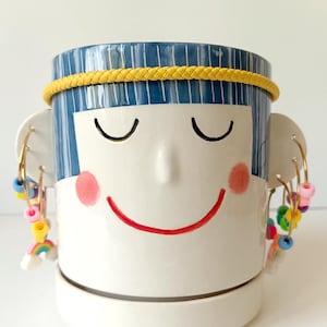Really Big Ears Face Planter - Blue Hair - Handmade Ceramics, Ceramic Face Vase, Indoor planter with Earrings, One of a kind