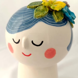 Face Vase - Blue Hair Flora Vase - Handmade one of a kind Ceramic Vase
