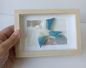 Ceramic swallow-  3D Wall art, Framed ceramics, collage, one of a kind piece, home and family symbol