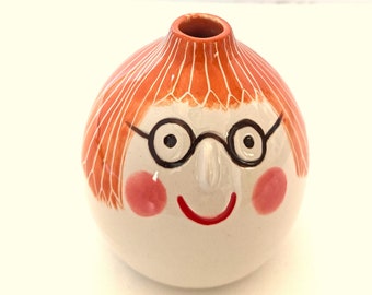 Ceramic Face Vase - Orange Hair Felicity Vase with glasses - Pitcher, Small Vase, Ceramic small vase, Smile vase, Ceramic Bottle