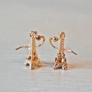 Soft gold Eiffel tower earrings. Dangles. Paris. Women&#39;s jewelry. elegant simple jewelry Valentine&#39;s day gift