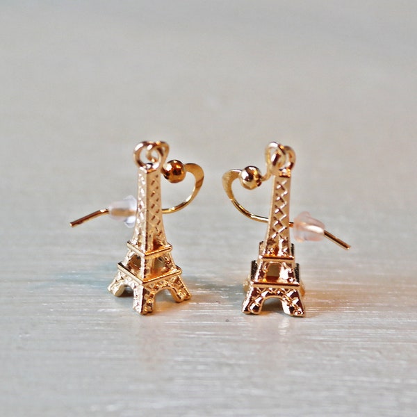 Soft gold Eiffel tower earrings. Dangles. Paris. Women's jewelry. elegant simple jewelry Valentine's day gift