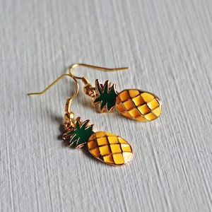 Fun pineapple earrings. Gold, dangle earrings. Tropical earrings. Summer, charm, fun, fruit, gifts for her Valentine's day gift