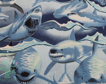 Polycotton Fabric Colourful Sharks Ocean Sea Life Fish Animals Great White Shark