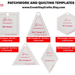 May include: White plastic patchwork and quilting templates in various shapes, including square, triangle, and hexagon. Each template has a red dashed line and the text "Sew Easy" and measurements in inches. The templates are labeled "Mini Square", "Mini Triangle", and "Mini Hexagon".