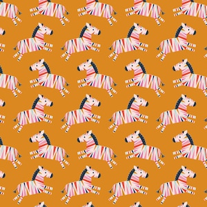 May include: A seamless pattern featuring colourful striped zebras on a solid orange background. The zebras are all facing right and have a geometric pattern of pink, blue, white and black stripes.