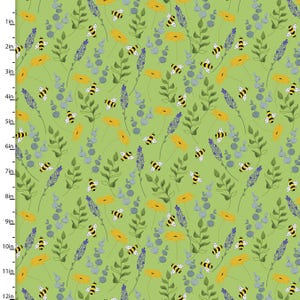 May include: A green fabric with a repeating pattern of yellow flowers, purple lavender, green leaves, and bees. The fabric is 12 inches wide.