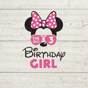 Geburtstagsmaus svg, 3. Geburtstag, Mädchen, Haarschleife, png, jpg, Mauskopf, Sonnenbrille, digitaler Download, Schnittdatei, Clip Art, Sublimation, Datei