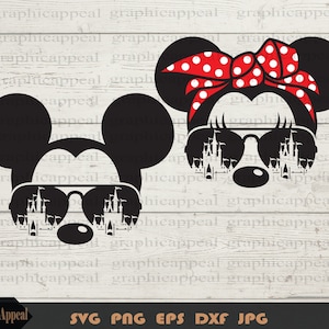 Magical Minnie Mickey, Castle, Polka Dot Bandana, Ears, Aviator Sunglasses, Icon, Head, Cut File, Digital Download, SVG