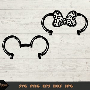 May include: A black and white outline of Mickey Mouse ears and a headband with a leopard print bow.