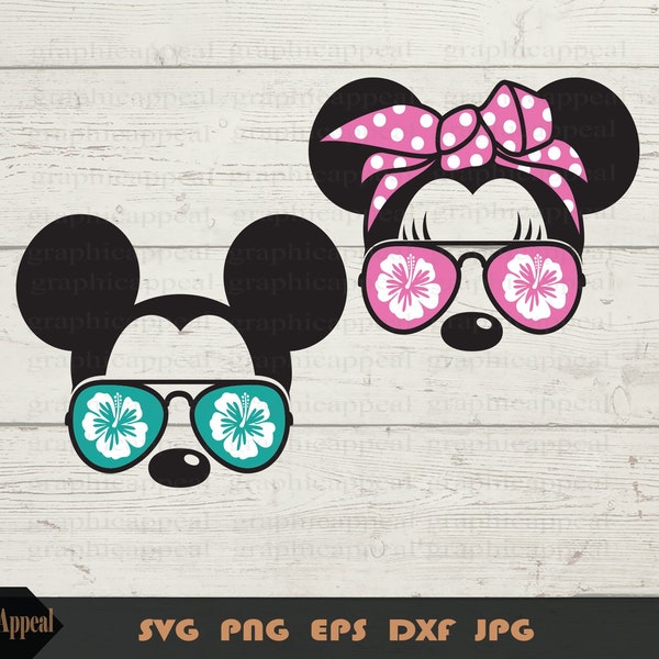 Aloha, Mouse, Svg, Hibiscus Flower, luau, family, vacation, trip, Hawaii, Pink, Polka Dot, Bandana, Aviator Sunglasses, Jpeg, Png, Download