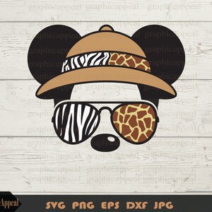 May include: A cartoon illustration of Mickey Mouse wearing a safari hat with zebra and giraffe print, sunglasses with zebra and giraffe print, and a black nose.