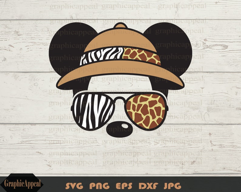 May include: A cartoon illustration of Mickey Mouse wearing a safari hat with zebra and giraffe print, sunglasses with zebra and giraffe print, and a black nose.