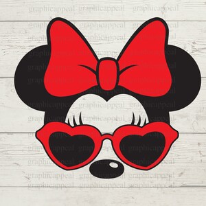 Minnie with Heart Sunglasses SVG, Red Hairbow, Aviator, Head, Digital Download, Cut File, Decal, Iron On, Transfer, Jpeg Png Eps Dxf