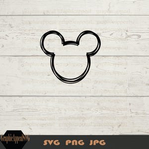 Pu&ograve; includere: Un contorno in bianco e nero della testa di Topolino con grandi orecchie. L'immagine &egrave; su uno sfondo a grana di legno.