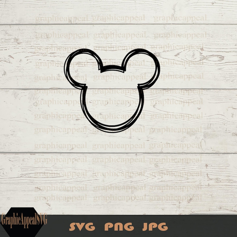 Pu&ograve; includere: Un contorno in bianco e nero della testa di Topolino con grandi orecchie. L'immagine &egrave; su uno sfondo a grana di legno.