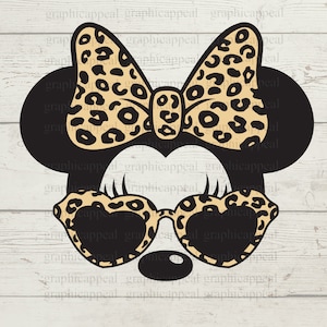 Minnie mit Leopardenherz Sonnenbrille SVG, Leopardenmuster Haarschleife, Flieger, Kopf, digitaler Download, Schnittdatei für Übertragung, Jpeg Png Eps Dxf