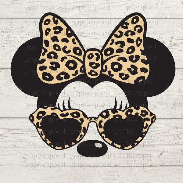 Minnie with Leopard Heart Sunglasses SVG, Leopard Print Hairbow, Aviator, Head, Digital Download, Cut File for Transfer, Jpeg Png Eps Dxf