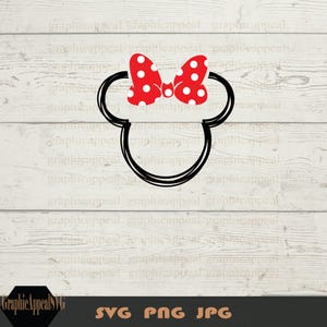 Pu&ograve; includere: Contorno in bianco e nero delle orecchie di Topolino con un fiocco rosso con pois bianchi in cima.