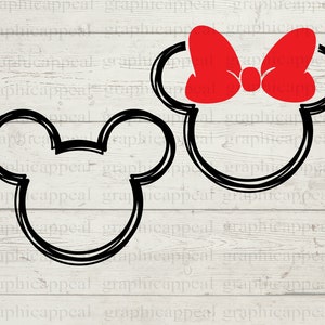 Contorno di Minnie Topolino, SVG, fiocco per capelli, icona, testa, clipart, download digitale, file di taglio, decalcomania, ferro da stiro, trasferimento, Jpeg Png Eps