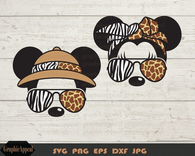 May include: A pair of cartoon mouse ears with safari-themed designs. The ears are black with a zebra and giraffe print on the inside. One ear has a safari hat with a zebra and giraffe print band. The other ear has a zebra and giraffe print bow. Both ears have sunglasses with zebra and giraffe print lenses.