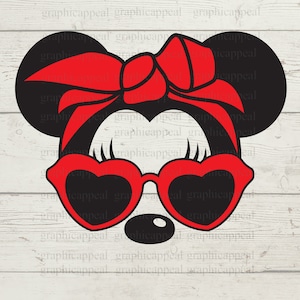Minnie, Gafas de sol de corazón, Bandana, Orejas, Cabeza, Aviador, Descarga digital, Cortar archivo, Calcomanía, Planchar, Transferir, SVG Png Eps Dxf Jpeg
