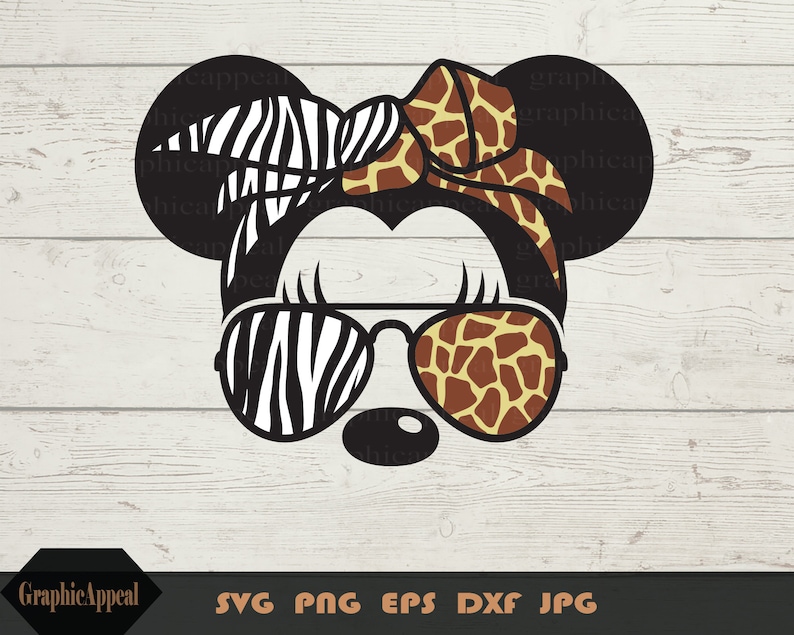 May include: A black and white zebra print and brown and tan giraffe print Minnie Mouse design with sunglasses. The bow is giraffe print and the ears are zebra print.