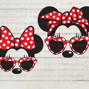 Bundle, Minnie, coeur, lunettes de soleil, bandana à pois, nœud de cheveux, tête, aviateur, téléchargement numérique, fichier de coupe, repassage, transfert, JPEG PNG SVG