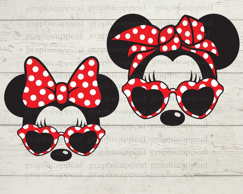 May include: Two cartoon mouse characters with red and white polka dot bows and sunglasses. The mouse at the top has a red and white polka dot headband.