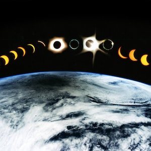 Könnte beinhalten: Eine Reihe von Bildern, die die Phasen einer Sonnenfinsternis zeigen, mit der Erde im Vordergrund. Die Sonnenfinsternis wird aus dem Weltraum betrachtet, mit der Sonne und dem Mond in der Ferne.