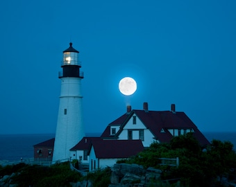 Portland Head Light with Super Moon, Photography, wall art, Blue & White, lighthouse, Maine