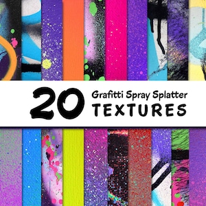 May include: A collection of 20 graffiti spray splatter textures in various colors. The textures include splatters, drips, and abstract designs in shades of blue, purple, pink, orange, and green. The text "20 Graffiti Spray Splatter TEXTURES" is displayed.