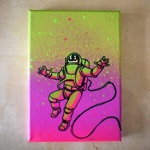 The Happy Spaceman Painting - Resin coated psychedelic UV reactive A5 unique painting green pink