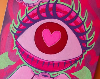 May include: A vibrant painting on canvas featuring a large, central eye with a pink heart-shaped pupil, dark purple eyelashes, and a stitched mouth. A smaller eye appears at the top, with light green wing-like shapes against a bright red background.