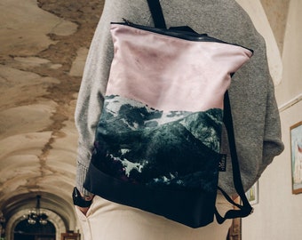 Mountain backpack, Pink Backpack, Watercolour laptop case, 13" laptop bag, Velvet backpack