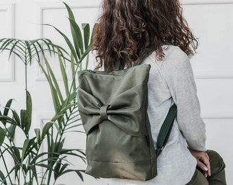 Moss green backpack, Backpack with Bow, Green laptop case, 13" laptop backpack